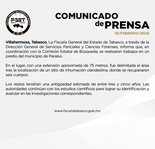 $!Fiscalía General de Tabasco confirma hallazgo de fosa clandestina con 6 cuerpos en Paraíso