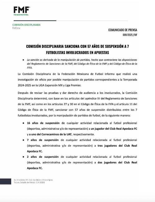 $!Este es el comunicado que emitió la Federación en torno al castigo.