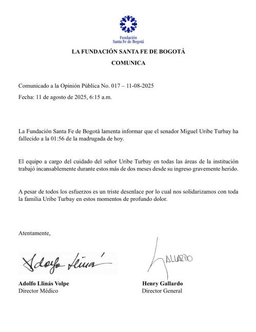 $!Fallece Miguel Uribe Turbay, candidato a la presidencia de Colombia, tras ser baleado en un mitin político hace 2 meses