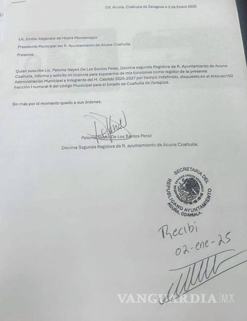 $!El documento presentado por la regidora ante el Presidente Municipal de Acuña, formaliza la solicitud de licencia indefinida.