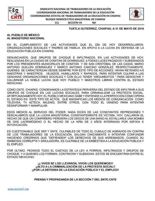 $!CNTE rechaza responsabilidad en rapado a maestros en Chiapas; acusa a “grupos de choque e infiltrados”