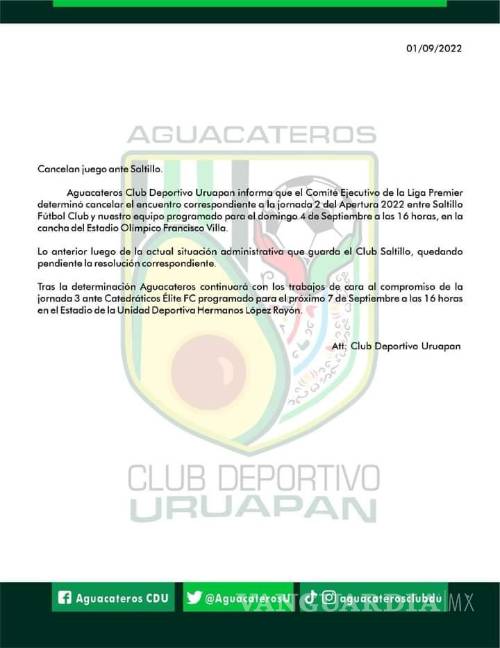 $!El comunicado oficial de los Aguacateros de Uruapan ha confirmado la situación crítica del Saltillo FC.