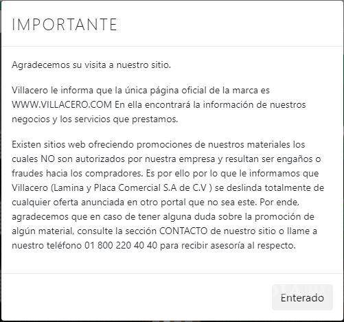 $!Al ingresar a su portal oficial, Villacero advierte que existen otros sitios web que engañan a compradores.