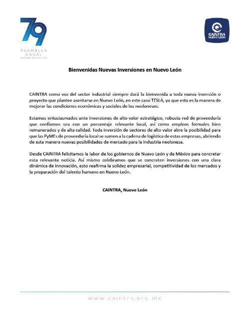 $!Caintra emitió un comunicado con su postura oficial sobre la llegada de Tesla a Nuevo León que se confirmó este martes