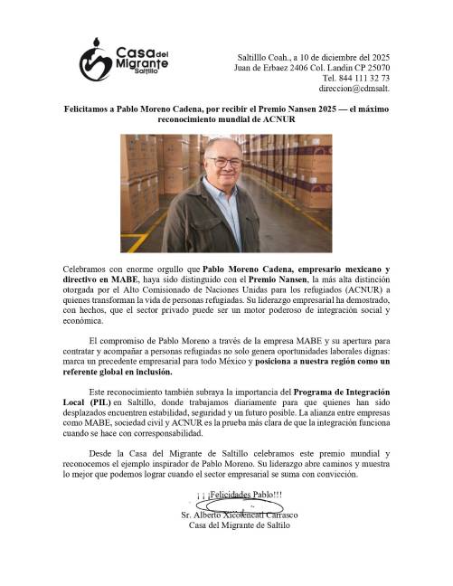 $!Casa del Migrante celebra galardón internacional otorgado a Pablo Moreno Cadena