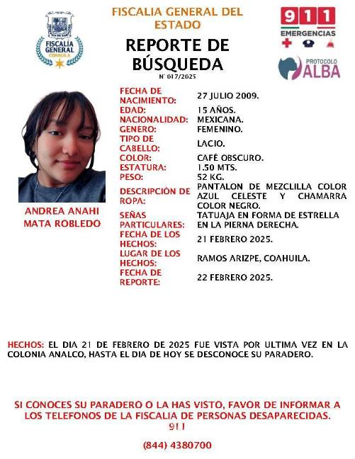 $!Buscan a adolescente de 14 años desaparecida en Piedras Negras