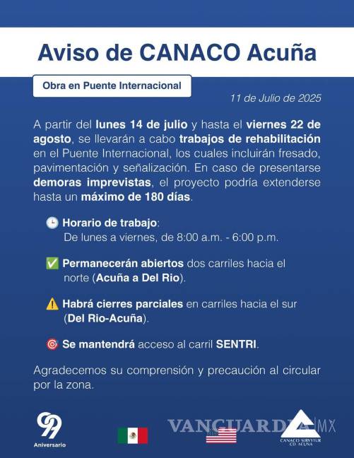 $!La Canaco Servytur Acuña emitió un comunicado informando sobre el inicio y duración de las obras en el Puente Internacional.