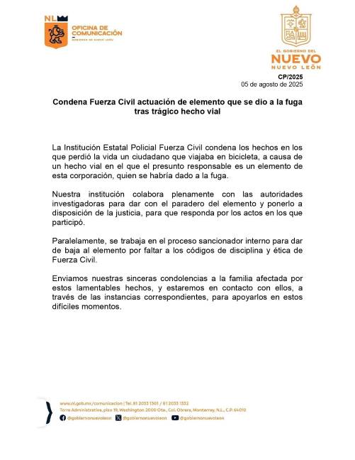 Elemento de Fuerza Civil mata a ciclista y huye del lugar, en NL