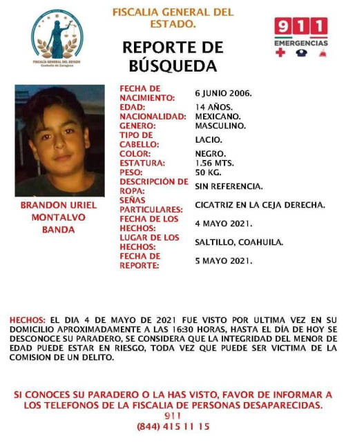 $!Desaparece joven de 14 años en Saltillo, piden ayuda para localizarlo