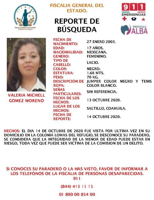 $!Reportan en Coahuila desaparición de 4 personas: tres mujeres y un menor de 13 años