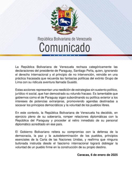 $!Venezuela rompe relaciones diplomáticas con Paraguay tras declaraciones de apoyo a la oposición