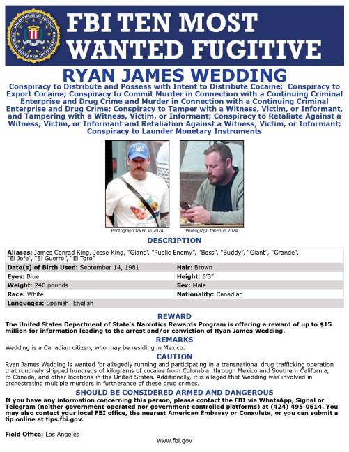 $!Ryan Wedding permanece prófugo mientras Estados Unidos amplía los cargos en su contra y eleva la recompensa para su captura.