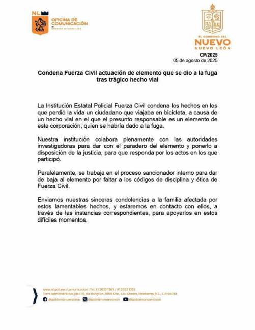 $!Elemento de Fuerza Civil mata a ciclista y huye del lugar, en NL