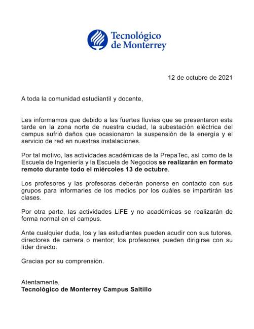 $!Tec de Monterrey campus Saltillo suspende clases presenciales por lluvias
