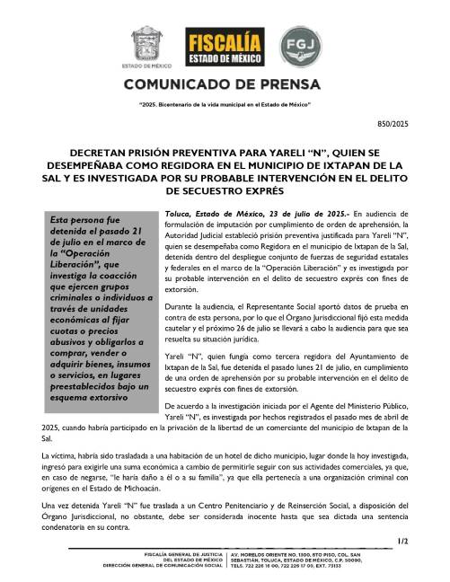 $!Operación Liberación: detienen a regidora de Ixtapan de la Sal por secuestro exprés con fines de extorsión