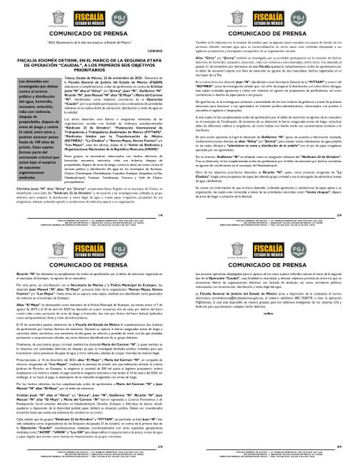 $!La Fiscalía mexiquense presentó a seis presuntos líderes sindicales detenidos por delitos relacionados con la extracción y venta ilegal de agua durante la Operación “Caudal”.