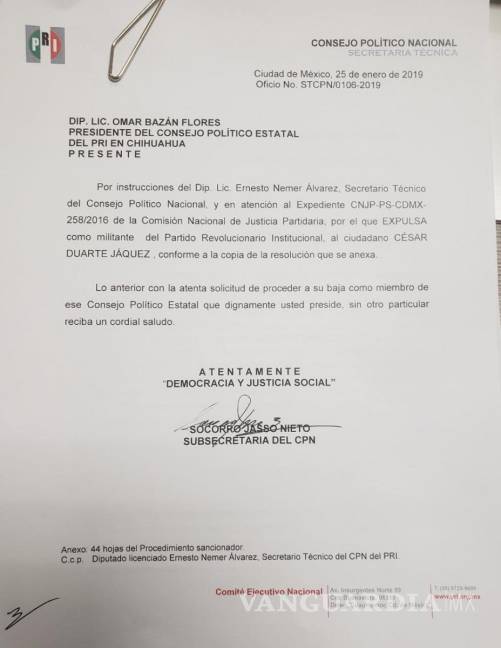 $!César Duarte, exgobernador de Chihuahua, es expulsado del PRI