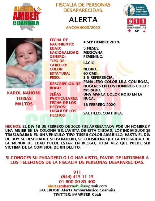 Consterna a Saltillo secuestro de bebé de 5 meses; un hombre y una mujer la arrebataron de los brazos de su madre