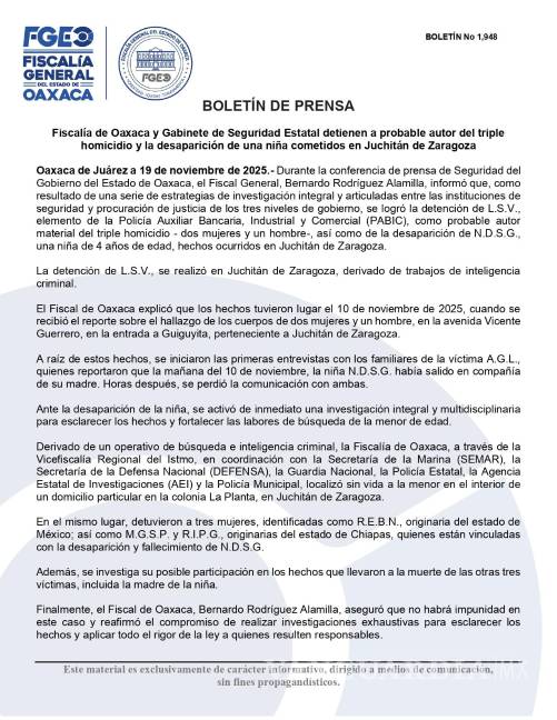 $!Fiscalía de Oaxaca confirma la detención de presuntos implicados en desaparición y triple homicidio, incluido el de una menor de edad.