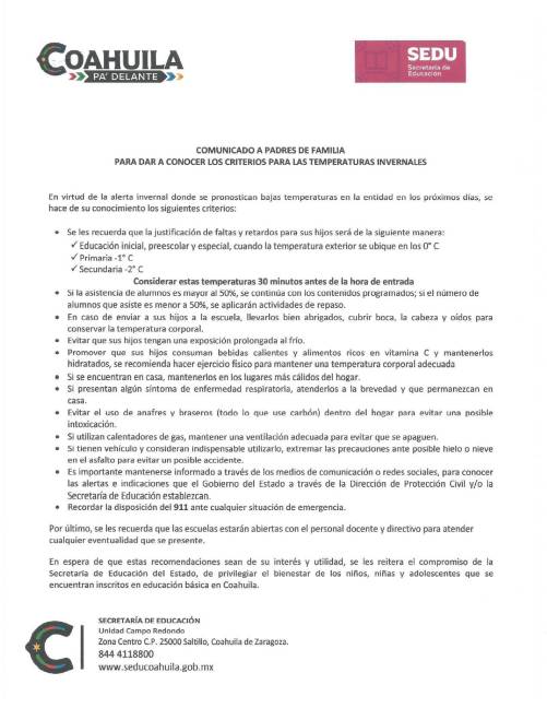 $!¿Habrá clases en Coahuila ante la onda fría que viene? La Secretaría de Educación da a conocer criterios