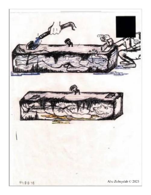 $!Abu Zubaydah, conocido como el “prisionero eterno”, preso en Guantánamo desde 2006, muestra en dibujos la tortura a la que fue sometido por la CIA.