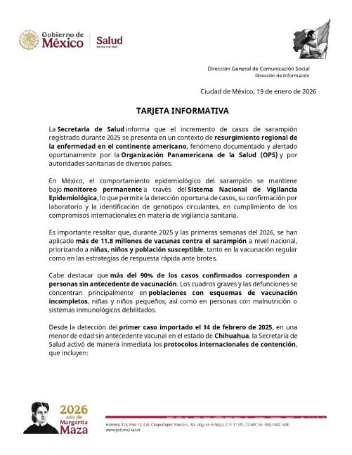 $!Secretaría de Salud: Casos de sarampión se mantienen bajo vigilancia epidemiológica en México