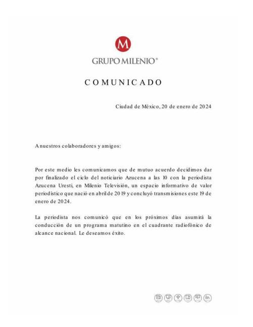 $!Grupo Milenio envía comunicado de prensa para aclarar salida de Azucena Uresti.