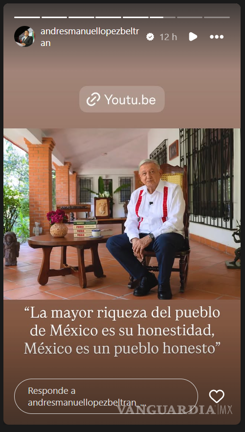 $!Historia capturada del perfil de Instagram de Andrés Manuel López Beltrán
