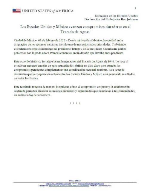 $!Embajador Ronald Johnson celebra acuerdo de México y EU sobre gestión de agua