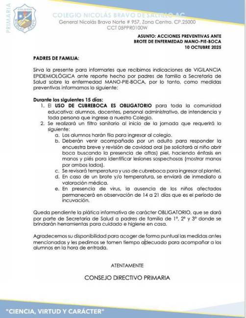$!Padres y alumnos del Colegio Nicolás Bravo deben acatar nuevas medidas preventivas ante posibles casos de coxsackie, incluyendo uso obligatorio de cubrebocas y filtros de ingreso.