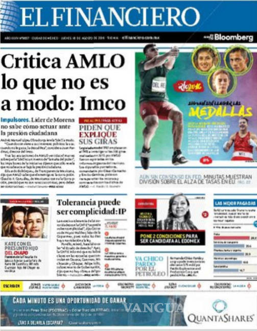$!Titulares Prensa Nacional 18/08/2016