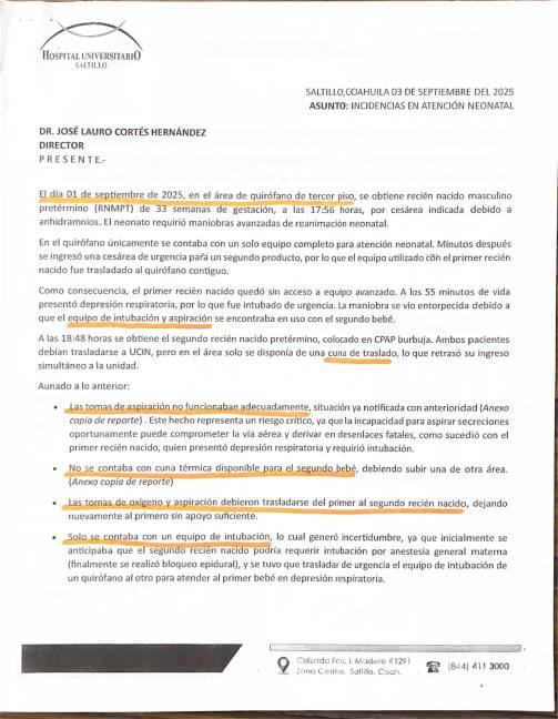$!La confusión surgió por un documento interno dirigido al doctor Cortés, en el que personal del área de Pediatría pedía atención a la falta de insumos y equipos, no como denuncia pública, explicó.