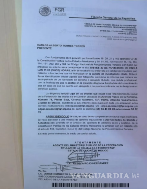 $!La FGR donde se llamó a comparecer a Carlos Alberto Torres Torres, exesposo de la gobernadora de Baja California, Marina del Pilar Ávila Olmeda.