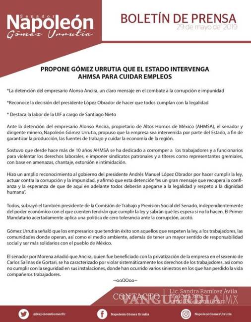 $!Gómez Urrutia propone que el Estado intervenga en AHMSA por empleos