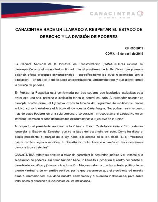 $!Canacintra se suma a críticas contra AMLO por memorándum