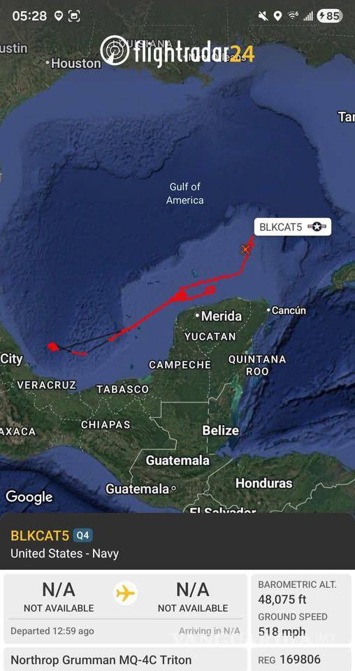 $!Imagen compartida por Código Magenta donde se muestra la presunta trayectoria de un dron estadounidense sobre el sureste mexicano