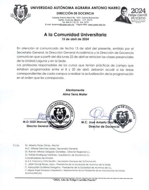 $!El comunicado emitido por las autoridades de la UAAAN anuncia la reanudación de las clases presenciales tras el proceso de emplazamiento a huelga por parte del SSUTUAAAN.