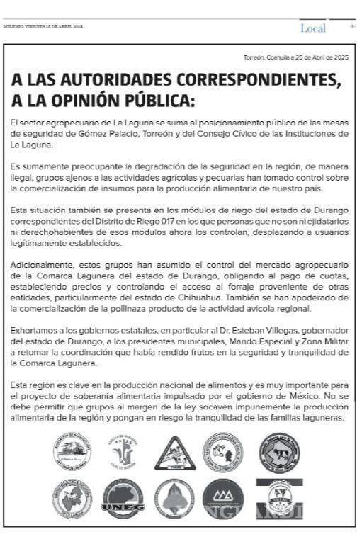 $!Sector agropecuario denuncia que ‘grupos’ han tomado control del agua y comercialización de productos en La Laguna de Durango