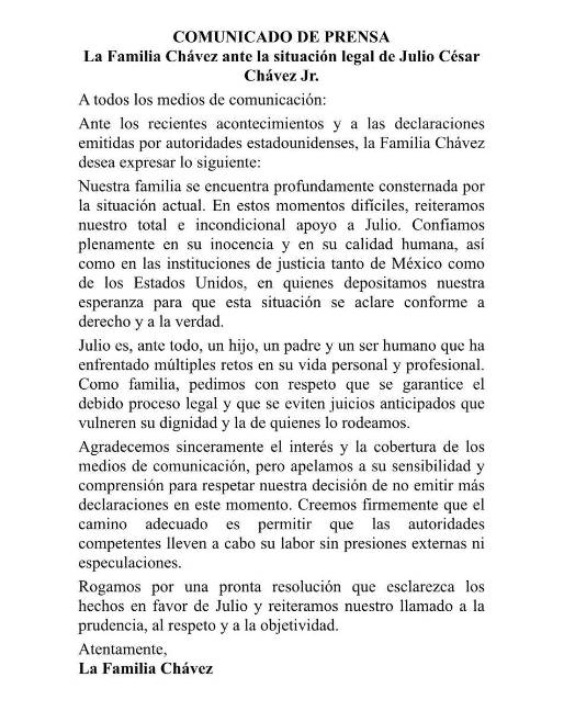 $!Julio César Chávez padre posteó en su cuenta de X un comunicado de parte de su familia sobre el arresto del júnior.