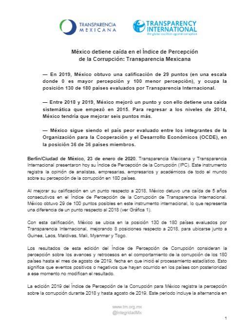 $!México sube ocho lugares en Índice de Percepción de la Corrupción
