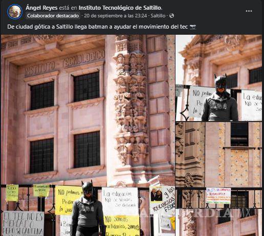$!Un individuo vestido como Batman, el legendario superhéroe de los cómics, se unió simbólicamente a la protesta en el Tec de Saltillo.