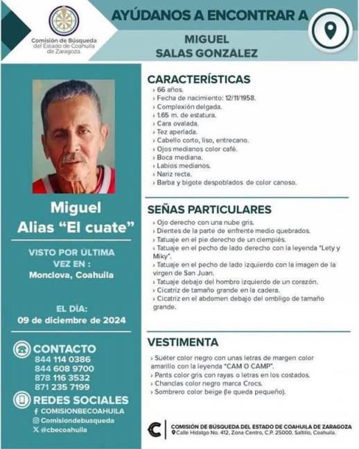 $!La ficha de búsqueda de Miguel Salas, desaparecido el 9 de diciembre en Monclova, incluye detalles sobre su apariencia y un llamado a la ciudadanía para reportar cualquier información.