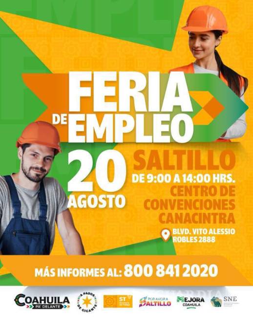 $!La Secretaría de Trabajo de Coahuila anunció la feria de empleo en Saltillo, con más de mil vacantes disponibles para distintos perfiles laborales.