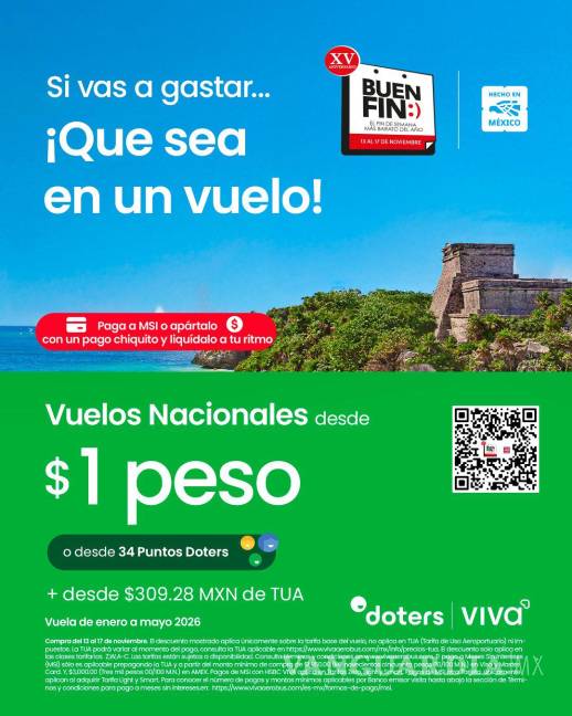 $!Viva Aerobús ofrece vuelos nacionales a $1 peso por el Buen Fin 2025.