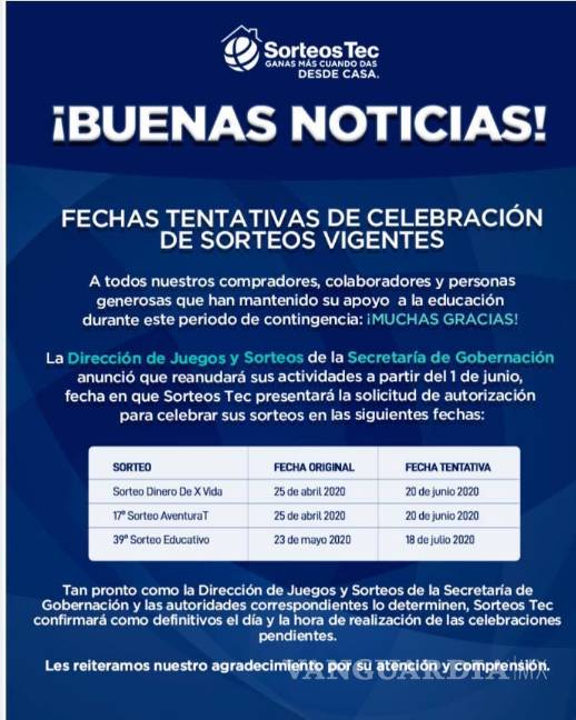$!Dan a conocer nuevas fechas tentativas del Sorteo Tec