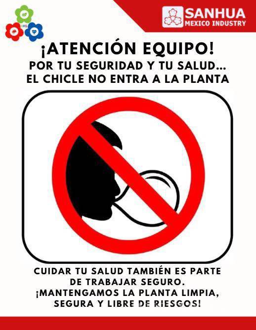 $!El cartel colocado al interior de la planta advierte que, “por seguridad y salud”, no está permitido masticar chicle durante la jornada laboral, lo que generó críticas y defensas en redes sociales. FOTO: REDES SOCIALES