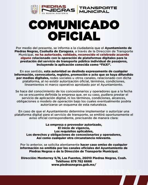 $!Cabildo de Piedras Negras niega autorización a plataformas digitales de transporte como ‘FAXI’