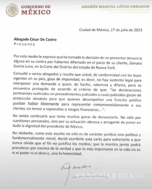 $!‘Tenía muchas ganas de denunciarlo’, revela AMLO en carta dirigida a abogado de García Luna