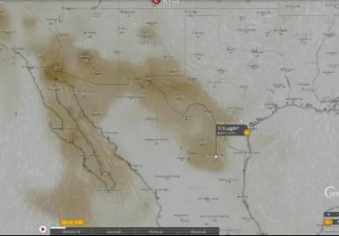 Imagen satelital mostrada por Medio Ambiente de Nuevo León sobre el avance del viento y polvo hacia Monterrey y el Sureste de Coahuila.