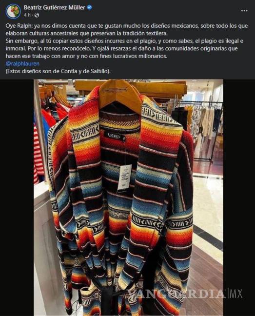 $!La doctora denunció a través de redes sociales el plagio del sarape de Saltillo por parte de la marca de ropa estadounidense Ralph Lauren.